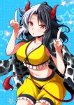  1girl animal_ears animal_print breasts cleavage collarbone cow_ears cow_girl cow_print cow_tail cowboy_shot eichi_yuu highres looking_at_viewer multicolored_hair red_eyes shorts solo tail touhou two-tone_hair ushizaki_urumi 