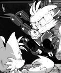  2boys animal_ears animal_nose blood blood_on_weapon body_fur commentary english_commentary fighting fox_boy fox_cub fox_ears fox_tail furry furry_male gloves greyscale hands_on_own_face highres male_focus mechanical_tail mechanical_tentacles monochrome multiple_boys nine_(sonic) pillynaps sonic_(series) sonic_prime tail tails_(sonic) tears weapon 