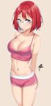  1girl absurdres blue_eyes breasts english_commentary glasses highres large_breasts looking_at_viewer navel original pink_sports_bra raise094 red_hair short_hair smile solo sports_bra 
