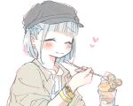  1girl ^_^ black_headwear blush bracelet cha_ipride closed_eyes closed_mouth collared_shirt dessert earrings facing_viewer flat_cap food from_side fruit glass grey_hair grey_shirt hat holding holding_spoon ice_cream idoly_pride jewelry kana_(idoly_pride) lemon lemon_slice long_bangs long_sleeves open_clothes open_shirt shirt short_hair sidelocks simple_background sleeves_pushed_up solo spoon upper_body white_background 