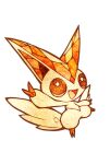  animal_focus arm_up brown_eyes commentary fangs full_body happy highres looking_at_viewer no_humans open_mouth outstretched_arm pokemon pokemon_(creature) simple_background smile solo stained_glass standing tensaitou_tou v victini white_background 