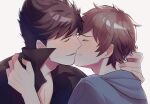  2boys belial_(granblue_fantasy) black_hair black_shirt blue_hoodie blush brown_hair closed_eyes couple embarrassed gran_(granblue_fantasy) granblue_fantasy highres hood hood_down hoodie imminent_kiss kishire0324 male_focus multiple_boys shirt short_hair simple_background smile upper_body white_background yaoi 