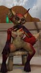  absurd_res anthro blizzard_entertainment bottle breasts canid container eyewear female furniture genitals glasses hi_res huge_filesize kheena kheerian mammal presenting presenting_pussy pussy solo spots spotted_body stool vulpera warcraft 