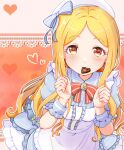  1girl apron blonde_hair blue_dress blush brooch candy chocolate dot_nose dress food frilled_apron frilled_dress frills heart heart-shaped_chocolate highres idolmaster idolmaster_cinderella_girls idolmaster_cinderella_girls_starlight_stage jewelry long_hair looking_at_viewer mochizuki_hijiri mouchi_(mouchimochi) mouth_hold puffy_short_sleeves puffy_sleeves red_background red_eyes scrunchie short_sleeves smile solo white_apron 