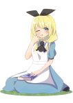  1girl absurdres alice_(alice_in_wonderland) alice_in_wonderland apron ascot black_ascot black_ribbon blonde_hair blue_dress blue_eyes blush book dress highres kasumi_bloom looking_at_viewer medium_hair one_eye_closed ribbon simple_background sitting solo white_apron white_background 