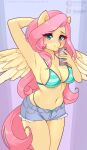  absurd_res anthro anthrofied big_breasts bikini bottomwear breasts cellphone clothing cutoffs daisy_dukes denim denim_clothing equid equine feathers female fluttershy_(mlp) friendship_is_magic hasbro hi_res holding_cellphone holding_object holding_phone hotpants mammal my_little_pony pegasus phone shorts solo swimwear wings xjenn9 yellow_body yellow_feathers 