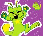  alien ambiguous_gender antennae_(anatomy) anthro casual_nudity cryptidx domestic_cat excited eyes_closed felid feline felis feral fur gnarpy green_body green_fur mammal nonbinary_(lore) open_mouth pawpads paws roblox star_marking teeth_showing 