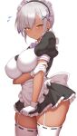  1girl apron blush bow bowtie braid breasts commentary_request dark-skinned_female dark_skin frills from_side garter_straps gloves hair_ornament hairclip highres large_breasts looking_at_viewer maid maid_headdress mole mole_under_eye original parted_lips purple_bow purple_bowtie purple_hair short_sleeves simple_background solo tan thighhighs thighs white_apron white_background white_garter_straps white_gloves white_thighhighs yasojima_nejiro yellow_eyes 