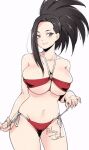  1girl bikini black_hair boku_no_hero_academia breasts grey_eyes hair_over_one_eye large_breasts midriff navel ponytail relaxjon sidelocks simple_background solo string_bikini string_pull swimsuit white_background yaoyorozu_momo 