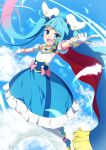  1girl :d ahoge arm_up bare_shoulders blue_cape blue_eyes blue_footwear blue_hair blue_skirt blue_sky cape cloud cure_sky day detached_sleeves diagonal_bangs feathers floating_hair frilled_skirt frills fringe_trim gradient_hair highres hirogaru_sky!_precure long_hair multicolored_hair outdoors outstretched_arm pantyhose pink_hair precure puffy_short_sleeves puffy_sleeves red_cape shirt shoes short_sleeves skirt sky sleeveless sleeveless_shirt smile solo sora_harewataru streaked_hair tsuyukina_fuzuki twintails very_long_hair white_pantyhose white_shirt white_sleeves 
