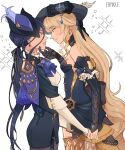  2girls artist_name black_bow black_skirt blonde_hair blue_hair blue_headwear blush bow breasts clorinde_(genshin_impact) closed_mouth dark_blue_hair earrings ehpikke elbow_gloves epaulettes genshin_impact gloves grabbing_another&#039;s_chin hair_bow hand_on_another&#039;s_chin hat hat_feather high-waist_skirt highres holding_hands jewelry long_hair low_ponytail multiple_girls navia_(genshin_impact) parted_lips purple_eyes skirt tricorne very_long_hair yuri 