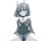  1girl animal_ears blush brave_witches breasts cleavage closed_mouth greyscale gundula_rall large_breasts liar_lawyer looking_at_viewer military_uniform monochrome panties short_hair solo spread_legs underwear uniform wolf_ears world_witches_series 