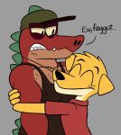  2023 anthro black_clothing black_nose black_shirt black_tank_top black_topwear bowserboy101 canid canine canis chobek_(bowserboy101) clothing crocodile crocodilian crocodylid digital_media_(artwork) domestic_dog embrace english_text eyebrows eyes_closed grey_background half-closed_eyes hi_res hug male mammal narrowed_eyes profanity red_body red_clothing red_shirt red_topwear reptile scalie shirt simple_background smile tank_top teeth text thick_eyebrows topwear yellow_body 