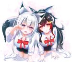  2girls ahoge animal_ear_fluff animal_ears black_hair black_skirt blush bow bowtie braid breasts cleavage commentary_request earrings fox_ears fox_girl fox_tail green_eyes hair_between_eyes hair_ornament hairclip highres hololive jewelry kneeling large_breasts long_hair long_sleeves looking_at_viewer multicolored_hair multiple_girls ookami_mio open_mouth paw_pose pentagram red_bow red_bowtie red_hair shatiku_72 shirakami_fubuki shirt sidelocks simple_background single_braid skirt smile streaked_hair tail virtual_youtuber white_background white_hair white_shirt wolf_ears wolf_girl yellow_eyes 
