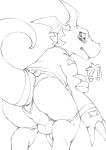  absurd_res bandai_namco blush clothed clothing crossdressing digimon digimon_(species) embarrassed guilmon hi_res looking_at_viewer looking_back male panties r3drunner raised_tail sketch solo tail underwear watermark 