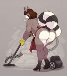  anthro apron big_butt butt casloafy cleaning_tool clothing female footwear gloves handwear hi_res high_heels mammal mature_female procyonid raccoon solo vacuum_cleaner 