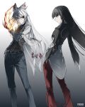  2girls absurdres alternate_costume belt black_hair bow cosplay denim fire from_behind fujiwara_no_mokou gradient_background grey_eyes grey_hair hair_bow hand_in_pocket highres houraisan_kaguya jacket jeans kusanagi_kyou kusanagi_kyou_(cosplay) long_hair long_sleeves multiple_girls pants parody red_eyes red_pants shirt sleeves_past_fingers sleeves_past_wrists standing the_king_of_fighters touhou white_jacket yagami_iori yagami_iori_(cosplay) yexinhan 