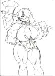  2022 abs anthro armor axe biceps big_breasts black_and_white bracers breasts canid canine canis chochi choker cleavage clothed clothing domestic_dog female graphite_(artwork) hair hair_over_eyes hand_behind_back hi_res huge_breasts jewelry mammal midriff monochrome muscular muscular_female muscular_legs muscular_thighs necklace panties pencil_(artwork) sketch smile solo thick_thighs traditional_media_(artwork) underwear weapon_on_shoulder 