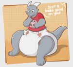  anthro baltnwolf_(artist) bandai_namco big_diaper clothed clothing dialogue diaper digimon digimon_(species) dragon embarrassed fan_character gammamon grey_body hi_res horn huge_diaper infantilism male scalie solo tail 