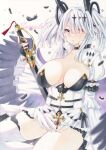  1girl azur_lane black_feathers black_gloves black_wings breasts breasts_apart center_opening commentary_request feathers fingerless_gloves gloves hair_ornament hair_over_one_eye highres holding holding_sword holding_weapon joffre_(azur_lane) large_breasts marker_(medium) purplepencil red_eyes sword thighhighs traditional_media weapon white_hair white_thighhighs wings 