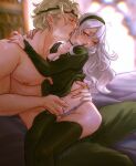  1boy 1girl blonde_hair blurry blurry_background breasts chiffonfae chromatic_aberration circlet cleavage corrin_(female)_(fire_emblem) corrin_(fire_emblem) female_pubic_hair fire_emblem fire_emblem_fates grey_hair hairband hand_in_panties hetero highres licking licking_neck panties pointy_ears pubic_hair red_eyes sitting sitting_on_lap sitting_on_person sweat thighhighs topless_male underwear xander_(fire_emblem) 