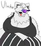  80&#039;s_vibe anthro big_breasts blep breasts canid canine canis chubby_female clothing crossed_legs domestic_dog eyewear female fluffy fur glasses hi_res hidden_eye legwear looking_away mammal neck_tuft overweight overweight_female red_tongue solo spitz thick_fur thick_thighs thigh_highs tongue tongue_out topwear tuft ulrika ulrikathespitz white_body white_fur 