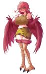  1girl absurdres ahoge animal_ear_fluff animal_ears averting_eyes bare_shoulders bird_legs blush breasts closed_mouth coco_(eogks) collarbone commentary_request dot_nose feather_trim feathered_wings feathers full-face_blush full_body hair_between_eyes harpy highres knees_together_feet_apart large_breasts long_hair long_neck midriff monster_girl nangmanheeyou navel open_hands original red_feathers red_hair red_wings sidelighting simple_background sleeveless solo speech_bubble split_mouth talons white_background winged_arms wings yellow_eyes 