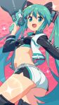  1girl animal_ear_fluff animal_ears arm_up ass belt bikini bikini_top_only black_sleeves black_thighhighs breasts cat_ears choker fake_animal_ears from_behind green_eyes green_hair hatsune_miku highres jacket long_hair looking_at_viewer looking_back megaphone navel om_(nk2007) open_mouth short_shorts shorts small_breasts smile solo stomach swimsuit thighhighs thighs twintails very_long_hair vocaloid white_jacket 