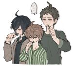  ... 3boys ahoge alternate_costume black_shirt brown_eyes brown_hair brown_jacket brushing_teeth buttons cheeseko collarbone collared_shirt cropped_torso danganronpa:_trigger_happy_havoc danganronpa_(series) danganronpa_2:_goodbye_despair danganronpa_v3:_killing_harmony dress_shirt hinata_hajime jacket multiple_boys naegi_makoto open_clothes open_jacket pajamas saihara_shuuichi shirt short_hair simple_background speech_bubble spoken_ellipsis striped striped_shirt white_background 