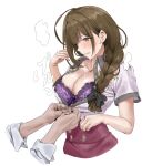  1boy 1girl ahoge blush bra braid braided_ponytail breasts brown_eyes brown_hair cleavage collarbone hair_over_shoulder hair_ribbon hamedoragon huge_ahoge idolmaster idolmaster_shiny_colors kuwayama_chiyuki lace lace-trimmed_bra lace_trim large_breasts long_braid long_hair looking_down open_clothes open_mouth open_shirt partially_unbuttoned purple_bra red_skirt ribbon shirt short_sleeves single_braid skirt solo_focus sweat unbuttoned unbuttoned_shirt underwear white_shirt wing_collar 