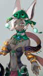  anthro armwear blush breasts chaora clothing female fur grey_body grey_fur hair hand_on_breast headgear headwear hi_res jewelry looking_at_viewer mammal mineru nail narrowed_eyes navel necklace nintendo ring smile solo tears_of_the_kingdom the_legend_of_zelda white_hair zonai 
