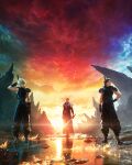  3boys armor black_hair blonde_hair buster_sword cloud_strife final_fantasy final_fantasy_vii final_fantasy_vii_rebirth fire gloves grey_hair highres key_visual lens_flare masamune_(ff7) multiple_boys official_art promotional_art sephiroth shoulder_armor spiked_hair standing sunlight weapon weapon_on_back zack_fair 