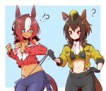  !? 2girls ? ahoge animal_ears black_gloves black_pants blue_background blue_pants blush border brown_hair byerley_turk_(umamusume) cowboy_shot dark-skinned_female dark_skin darley_arabian_(umamusume) ear_ornament garrison_cap gloves green_eyes hat highres horse_ears horse_girl jacket long_hair long_sleeves midriff multicolored_hair multiple_girls navel neckerchief off-shoulder_shirt off_shoulder open_clothes open_jacket pants red_eyes scar scar_across_eye shirt short_hair simple_background suspenders two-tone_hair umamusume white_border white_hair white_neckerchief yellow_jacket yonedatomo_mizu 