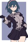  1girl artist_name black_gloves black_skirt blue_eyes blue_hair breasts byleth_(female)_(fire_emblem) byleth_(fire_emblem) do_m_kaeru fire_emblem fire_emblem:_three_houses garreg_mach_monastery_uniform gloves hairband medium_breasts medium_hair pleated_skirt skirt solo 