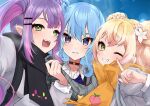  3girls :d absurdres alternate_costume black_scarf blonde_hair blue_eyes blue_hair choker double_bun ear_piercing fangs finger_to_cheek flower green_eyes grin hair_bun hair_flower hair_ornament highres hololive hoshimachi_suisei long_hair looking_at_viewer mashiro_io momosuzu_nene multiple_girls nail_polish outdoors parted_lips peach_print piercing pointy_ears purple_hair scarf smile tokoyami_towa twintails upper_body virtual_youtuber yellow_nails yellow_scarf 