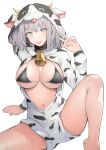  1girl :p absurdres animal_ears animal_print arm_support bell bikini black_bikini black_choker breasts breasts_out choker cow_print cowbell cropped_legs fake_animal_ears green_eyes grey_hair highres hololive hood hoodie index_finger_raised large_breasts navel seino_(sasakike1305) shirogane_noel spread_legs swimsuit tongue tongue_out white_background 