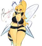  anthro beedrill blonde_hair clothed clothing female generation_1_pokemon hair hi_res nintendo pokemon pokemon_(species) simple_background solo togetoge wings yellow_body 