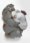  2016 anthro balls baloo bear belly belly_grab big_belly big_butt butt claws fur genitals head_turned hi_res looking_at_viewer male mammal moobs mouth_closed navel nipples nude obese obese_anthro obese_male one_eye_closed overweight overweight_anthro overweight_male raivenderouthelion_(artist) side_view signature smile solo standing the_jungle_book wink 