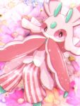  blurry bokeh bright_pupils claws commentary_request depth_of_field flower from_above looking_at_viewer lurantis lying no_humans on_back pink_flower pokemon pokemon_(creature) shito_(luyumash) solo 