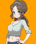 1girl abs aqua_eyes blue_hairband blush breasts brown_hair cleavage closed_mouth collarbone commentary cropped_shirt drunkoak eyelashes hairband hand_on_own_hip long_hair looking_at_viewer mature_female mole mole_on_stomach navel orange_background pants parted_bangs pokemon pokemon_(game) pokemon_bw shirt simple_background solo unova_mother_(bw) 