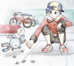  1boy :o asuka_rkgk backwards_hat bicycle capri_pants commentary ethan_(pokemon) grey_eyes ground_vehicle hat holding indoors jacket magnemite male_focus musical_note nut_(hardware) pants parted_lips pokemon pokemon_(creature) pokemon_(game) pokemon_hgss red_footwear red_jacket screw shirt shoes short_hair spoken_musical_note squatting symbol-only_commentary tile_floor tiles 