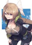  1girl absurdres black_bodysuit blue_eyes bodysuit breasts brown_hair chest_tattoo cleavage eunie_(xenoblade) hand_on_own_hip head_wings highres hood hooded_jacket jacket large_breasts leaning_forward pocket smile tattoo wings xenoblade_chronicles_(series) xenoblade_chronicles_3 yatai_(ya2taic) 