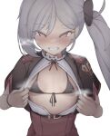  1girl absurdres asymmetrical_sidelocks bikini bikini_under_clothes blue_archive blush breasts commentary front-tie_bikini_top front-tie_top grey_hair grin heavy_breathing high-waist_skirt highres long_hair looking_at_viewer micro_bikini mutsuki_(blue_archive) narrowed_eyes nose_blush open_clothes open_shirt opened_by_self pink_eyes pointy_ears re:ia red_skirt shirt short_sleeves shrug_(clothing) side_ponytail skirt small_breasts smile solo steaming_body sweat swimsuit teeth white_shirt wristband 