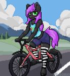  1:1 anthro bicycle black_body black_fur bottomwear clothing cutoffs cycling denim denim_clothing detailed_background digital_media_(artwork) earth_pony equid equine fan_character footwear full-length_portrait fur girly green_eyes hair hasbro hi_res horse kilgorio legwear looking_at_viewer lucy_violetmane male mammal my_little_pony pattern_clothing pattern_footwear pattern_legwear pattern_socks pixel_(artwork) plant pony portrait purple_hair road shorts signature socks solo striped_clothing striped_footwear striped_socks stripes thigh_highs tree 