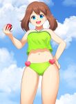  1girl :d absurdres bare_arms bikini blue_eyes brown_hair cloud commentary_request commission day eyelashes green_bikini hand_on_own_hip happy highres holding holding_poke_ball looking_down may_(pokemon) medium_hair navel open_mouth outdoors pixiv_commission poke_ball pokemon pokemon_(anime) pokemon_rse_(anime) sky smile solo swimsuit teeth thighs upper_teeth_only yomitrooper 