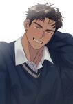  1boy brown_eyes collared_shirt dark-skinned_male dark_skin hand_on_own_neck highres looking_at_viewer male_focus original shirt short_hair sideburns solo sweater takayakaiti_(tk049ccn) thick_eyebrows white_background 