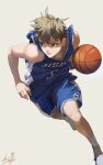  1boy ball basketball basketball_(object) basketball_jersey basketball_uniform brown_eyes brown_hair highres holding holding_ball jersey m.q_(mqkyrie) male_focus mole mole_under_eye original playing_sports running short_hair simple_background solo sportswear white_background 