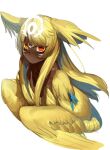  1girl blonde_hair blunt_bangs closed_mouth dark-skinned_female dark_skin facial_mark forehead_mark harpy head_wings long_hair looking_at_viewer meziro001 monster_girl orange_eyes original red_eyes sidelocks simple_background solo upper_body winged_arms wings yellow_eyes yellow_wings 