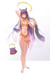  1girl bare_legs barefoot bikini blue_eyes blunt_bangs blush feet full_body gradient_hair hair_behind_ear halo highres hololive hololive_english legs long_hair looking_at_viewer meiyan_(boyimachao) multicolored_hair navel ninomae_ina&#039;nis open_mouth orange_hair pointy_ears purple_hair sidelocks solo swimsuit takodachi_(ninomae_ina&#039;nis) tentacle_hair thighs toes very_long_hair virtual_youtuber white_background 