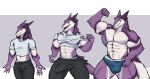  4_fingers abs andromorph anthro biceps bottomwear bulge clothing crop_top curled_hair fingers fur growth growth_sequence hair hi_res intersex leander_dk_(artist) maverick_(leander_dk) muscular muscular_anthro muscular_thighs nonbinary_(lore) pants pecs purple_body purple_fur purple_hair sergal shirt solo tail thick_thighs topwear torn_clothing wardrobe_malfunction white_body white_fur 